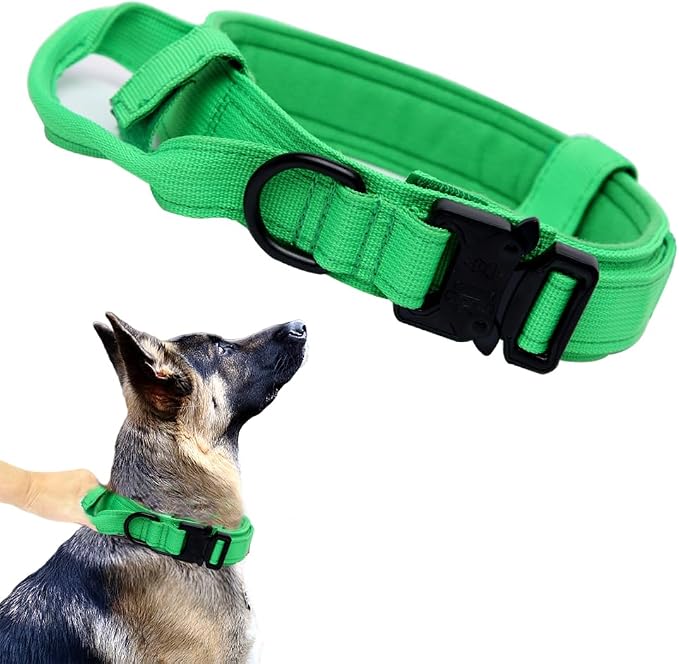 Tactical Dog Collar for Large Dogs with Control Handle,Bright Green,L | 1000D Heavy-Duty Nylon Fabric,Quick-Release Metal Buckle,Adjustable Fit,Soft-Padded Webbing,D-Ring,for Training & Hiking