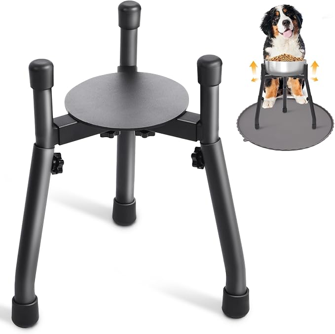Adjustable Raised Dog Bowl Stand with Spill Mat, Bowl Not Included | Metal feeder for medium and large dogs, 3 heights from 8.8 to 12.5 inches, adjustable 6.3-10.2 inch width