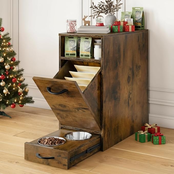 DWVO Dog Feeding Station with Storage & 2 Feeder Bowls | Dog Food Cabinet, Pull Out Elevated Dogs Bowl, Rustic Brown