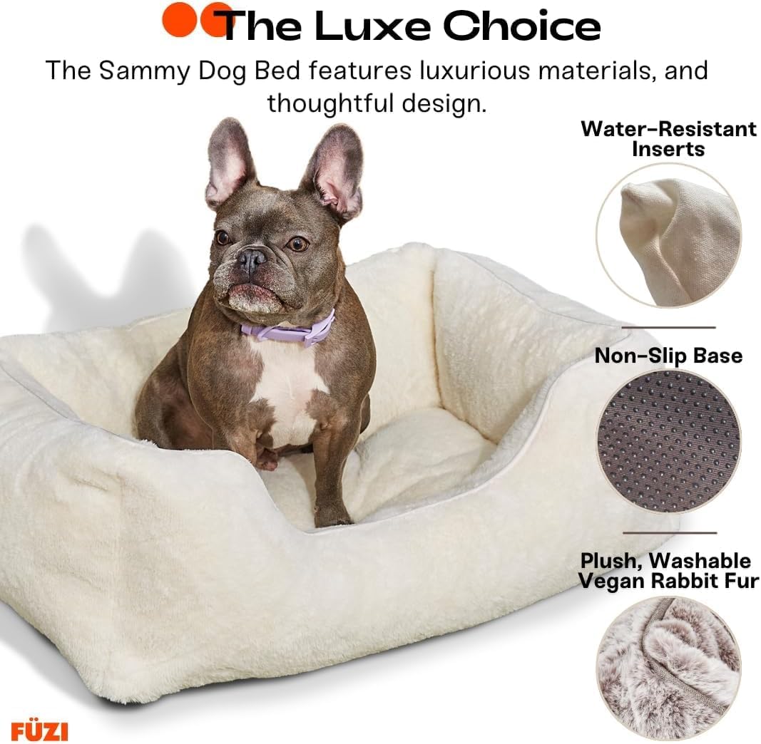 FUZI Luxury Aesthetic Dog Bed for Small Dogs with Washable Cover, Pet Couch, Pet Bed with Sides, Non-Slip Bottom, Soft and Durable Calming Dog Bed, Faux Rabbit Fur, Small 25.1x16.75x9.5 Soft White