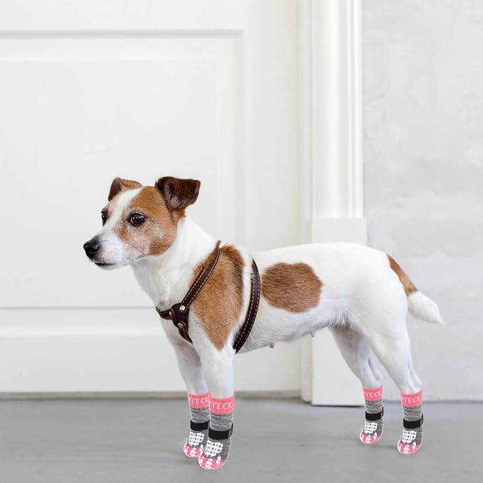 PUPTECK Anti-Slip Dog Socks with Double Sides Grips for Small Medium Large Dogs Hardwood Floors Prevents Licking, Dog Shoes for Hot Pavement Traction Control for Senior Dogs, Grey&Pink S