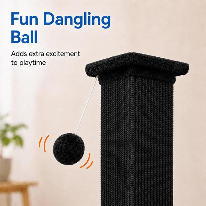 Vertical Cat Scratching Post for Indoor Cats, Sisal Scratch Tower with Soft Plush Base & Ball, 32'' Tall Cat Scratcher Column for Kittens and Adult Cats, Furniture Protection, Full Black