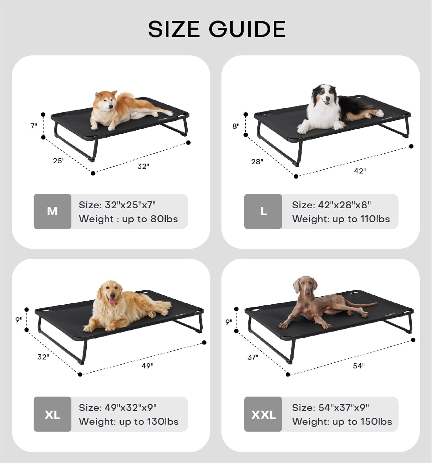 Made4Pets Outdoor Elevated Dog Bed for Large Dogs - Cooling Raised Pet Cot with Skid-Resistant Feet, Tool-Free Setup, Chew-Resistant Frame, Washable Mesh Hammock, Indoor & Outdoor Use, 42"x28", Black