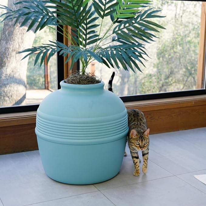 Good Pet Stuff Original Hidden Litter Box Planter, Decorative Cat Litter Enclosure with Carbon Filter, Artificial Palm Plant, Upgraded Design, Easy Clean Litter Tray, Essentials Kit, Caribbean Blue