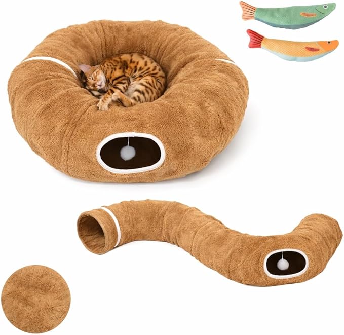 R1M Cat Tunnel Bed for Indoor Cats, Cute Cat Donut Tunnel Toys for Small, Larger Cats with Two Fish Cat Toys, Round Pet Peekaboo Cave Toy for Kitten, Brown (Brown)