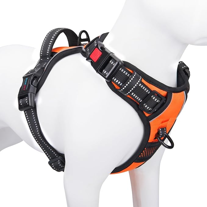 Reflective Dog Harness Large Breed Adjustable No Pull Vest | with Handle 2 Metal Rings 3 Buckles [Easy to Put on & Take off](XL, Orange)