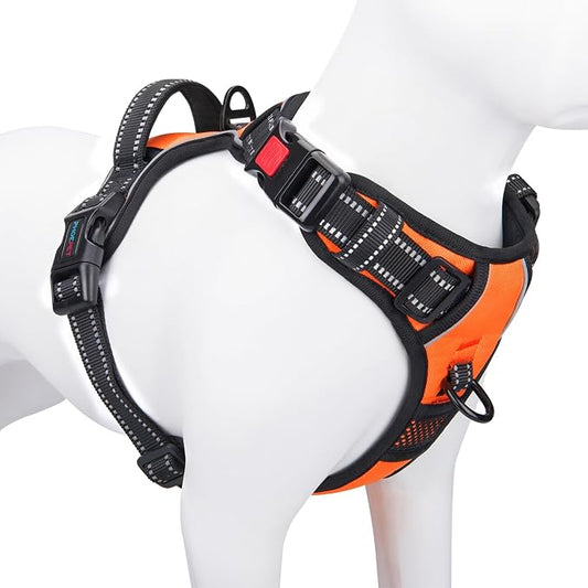 Reflective Dog Harness Large Breed Adjustable No Pull Vest | with Handle 2 Metal Rings 3 Buckles [Easy to Put on & Take off](XL, Orange)