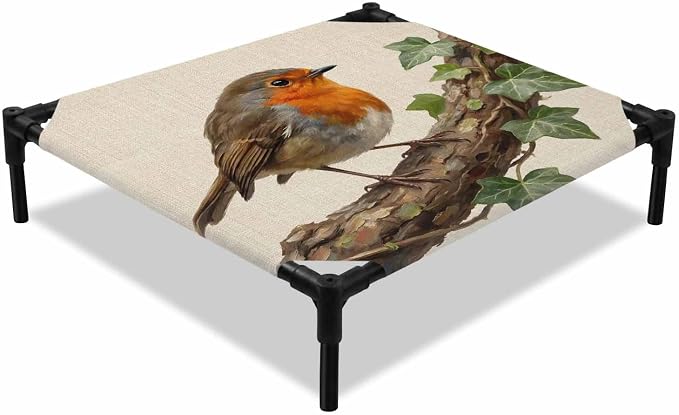 Outdoor Elevated Dog Bed for Small Dogs, Bird Breathable Cooling Raised Dog Cot for Indoor/Outdoor, Ivy Branch Animal Green Botanical Leaf Rustic Waterproof Elevated Pet Beds, S 20 x 20 in