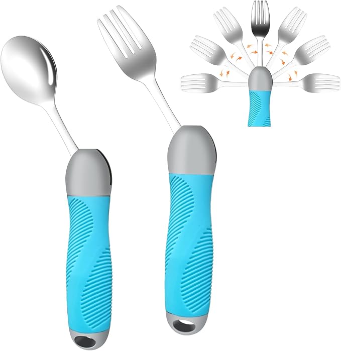 Weighted Utensils for Tremors & Parkinson's, Adaptive Eating Aids (Blue) | Adaptive silverware for shaky hands. Weighted grip design reduces tremors. Bendable neck for custom angle. Dishwasher safe