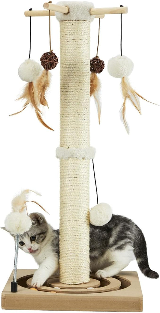 PEEKAB Cat Scratching Post Sisal Scratch Posts for Indoor Cats and Kittens,30 Inches Tall with Tracking Ball Interactive Toys and Hanging Balls Beige