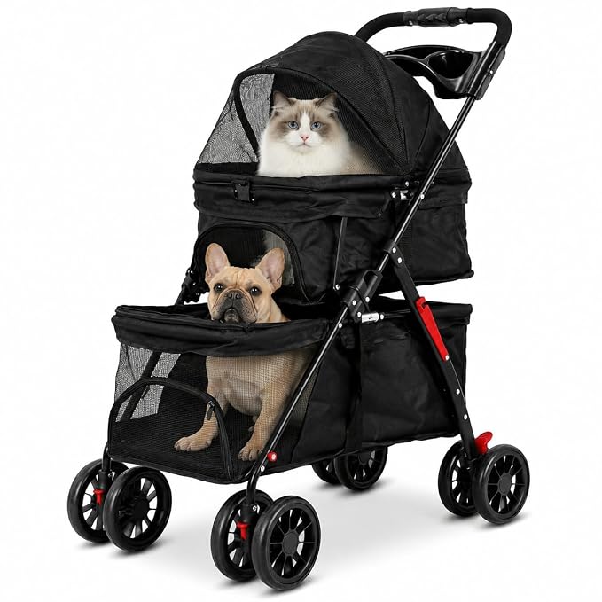 Double Pet Stroller for 2 Cats & Dogs, 2-in-1 Cat & Dog Stroller, Lightweight Foldable Travel Cart with Cup Holder & Brake Cat Strollers for 2 Cats, Dog Strollers for 2 Small Dogs