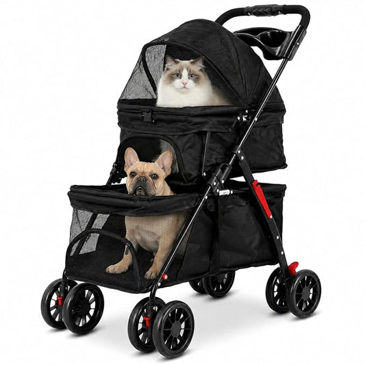 Double Pet Stroller for 2 Cats & Dogs, 2-in-1 Cat & Dog Stroller, Lightweight Foldable Travel Cart with Cup Holder & Brake Cat Strollers for 2 Cats, Dog Strollers for 2 Small Dogs