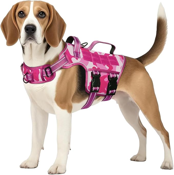 Dog Harness Medium Sized Dog, No Pull Dog Vest with Molle System | Tactical, Easy Control With Handle, Breathable Soft Padded, Adjustable, Reflective, No Choke for Walking, Pink Camo Medium