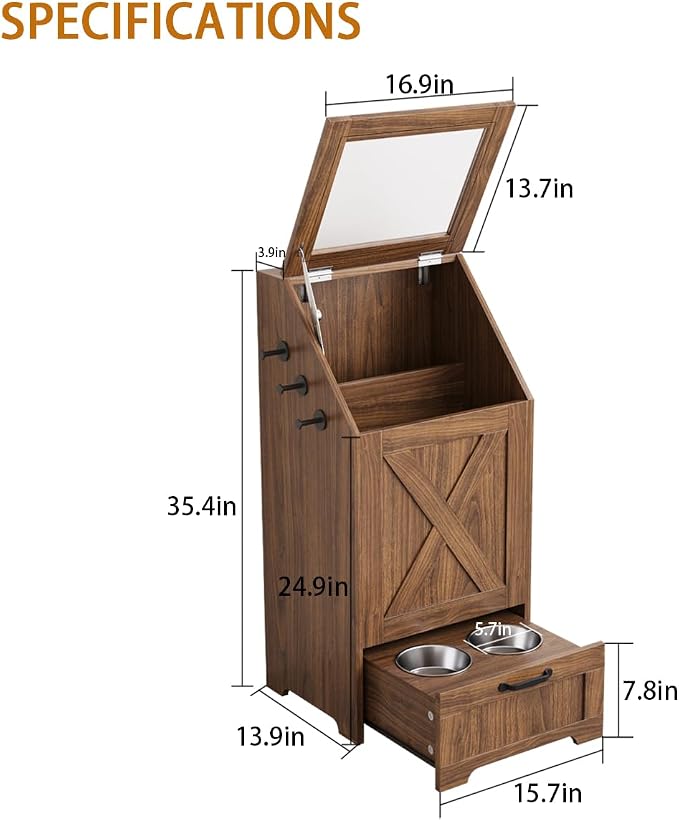 Dog Feeding Station,Dog Food Storage Cabinet,Pet Feeding Station with 2 Elevated Bowls,Hidden Pet Feeder Station with Hooks,Flip Top Pet Storage Organizer for Water,Feeding (Walnut)