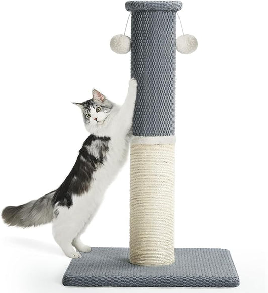 Made4Pets Tall Cat Scratching Post with Sisal & Carpet for Indoor Cats, 33" | Cat Scratcher with Wide Stable Base, Interactive Hanging Toys, Ideal for Adult Cats, Large Breeds and Full-Body Stretching