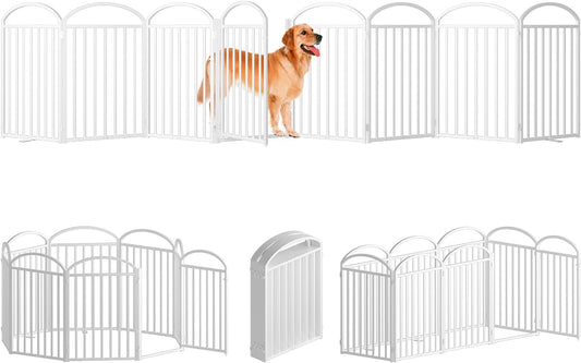 8 Panles Full Matel Freestanding Dog Gates with Door, 192"Extra Wide 32"Tall Free Standing Dog Pet Gate for Indoor & Outdoor. Foldable Pet Fences for Doorways, House, Stairs, Porch, Deck, Yard
