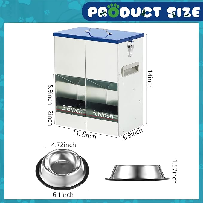 Qinyoung Automatic Feeder for 2 Cats Outdoor Galvanized 42cups/10l Double Feeder with 2 Stainless Steel Water Bowls for Small Pets Cats Dogs Outdoor Indoor Dry Food Dispenser