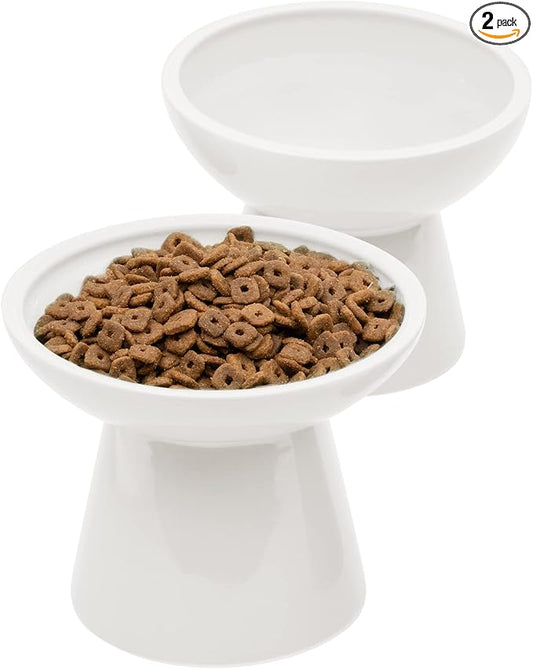 CEEFU 2 Elevated Ceramic Cat Bowls Extra Wide for Food & Water – Whisker Fatigue Shallow Food Dish, Lead & Cadmium-Free, Raised Height for Cats and Dogs, White