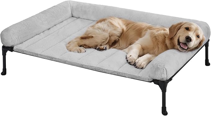 Veehoo Elevated Dog Beds Large Sized Dog with Fluffy Plush Bolster Cushion | Orthopedic Raised Dog Beds for Indoor Outdoor, Soft Pet Sofa Cot with Removable Washable Mat, No-Slip Feet, 42" x 30", Grey