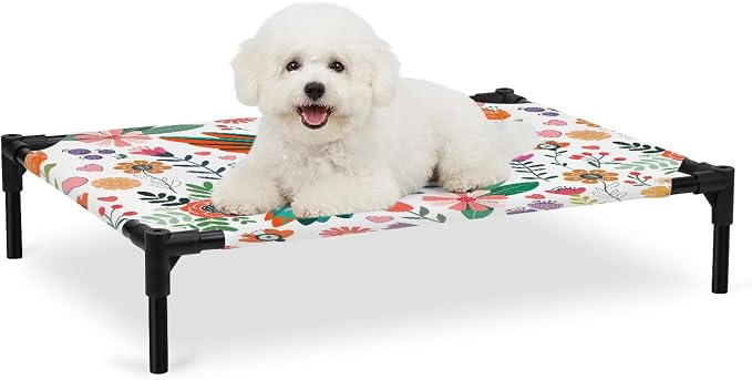 Outdoor Elevated Dog Bed for Medium Dogs, Birds Flowers Breathable Cooling Raised Dog Cot for Indoor/Outdoor, Cartoon Sunny Colorful Botanical Floral Waterproof Elevated Pet Beds, M 24 x 20 in