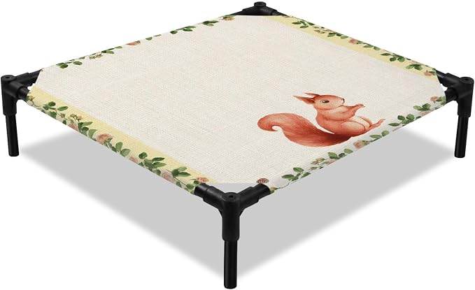Outdoor Elevated Dog Bed for Small Dogs, Country Squirrels Breathable Cooling Raised Dog Cot for Indoor/Outdoor, Farmhouse Rustic Flower Leaf Plant Beige Waterproof Elevated Pet Beds, S 20 x 20 in