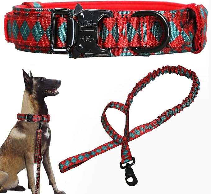 Tactical Dog Collar and Leash Set for Large Dogs with Control Handle，Grid | 1000D Heavy-Duty Nylon Fabric,Quick-Release Metal Buckle,Adjustable Fit,Soft-Padded Webbing,D-Ring,for Training & Hiking,S