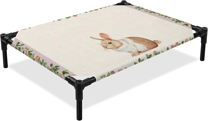 Outdoor Elevated Dog Bed for Large Dogs, Country Bunny Breathable Cooling Raised Dog Cot for Indoor/Outdoor, Farmhouse Rustic Flower Leaf Plant Beige Waterproof Elevated Pet Beds, L 28 x 22 in