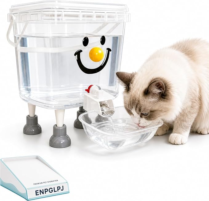 Pet Water Dispenser with Large Capacity Elevated Gravity Bowl for Dogs Cats | Clear plastic tank on sturdy raised stand feeds wide tray indoors outdoors daily hydration nopower cord refillable easy clean