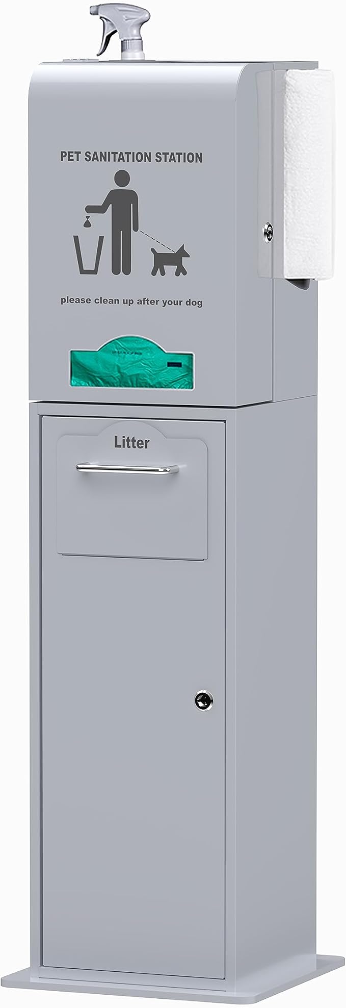 Indoor Pet Waste Station - 8ft Silver Steel Dog Waste Station - Includes a Built-In Dispenser with Lock & Storage, a Trash Receptacle, a Paper Towel Holder, and a Spray Bottle