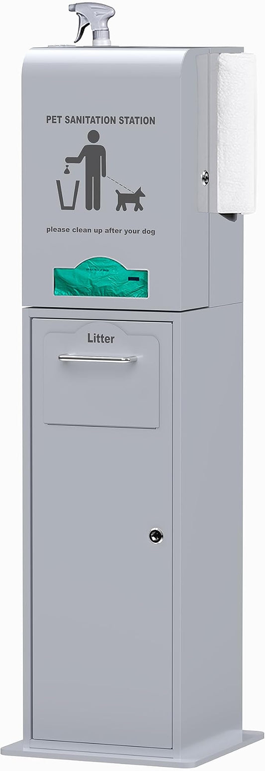Indoor Pet Waste Station - 8ft Silver Steel Dog Waste Station - Includes a Built-In Dispenser with Lock & Storage, a Trash Receptacle, a Paper Towel Holder, and a Spray Bottle