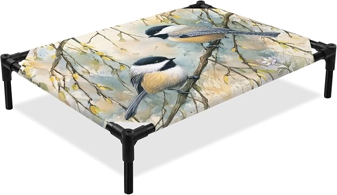 Outdoor Elevated Dog Bed for Large Dogs, Birds Branches Breathable Cooling Raised Dog Cot for Indoor/Outdoor, Country Elegant Pastoral Floral Waterproof Elevated Pet Beds, L 28 x 22 in