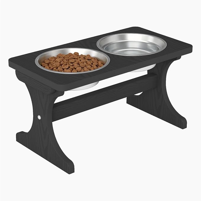 Raised Dog Bowl Stand for Medium Breed, Feeding Station with 35 oz 2 Stainless Steel Bowls & Licking Plate,Dog Food Bowl Black