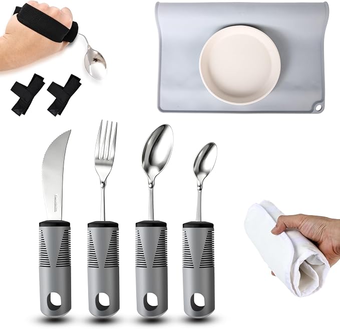 9 Pcs Bendable Adaptive Utensils Set for Parkinson's Arthritis Elderly | Built Up Handle, Stabilizing Tremor, Non-Slip Lightweight Grip, for Weak Grip & Stroke, Independent Dining, BPA-Free
