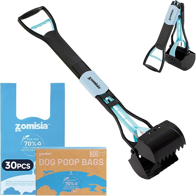 ZOMISIA 26" Pooper Scooper with Waste Bags - Poop Scooper for Large Dogs with Long Handle High Strength Material and Durable Spring for Yard, 30 Count Poop Bags