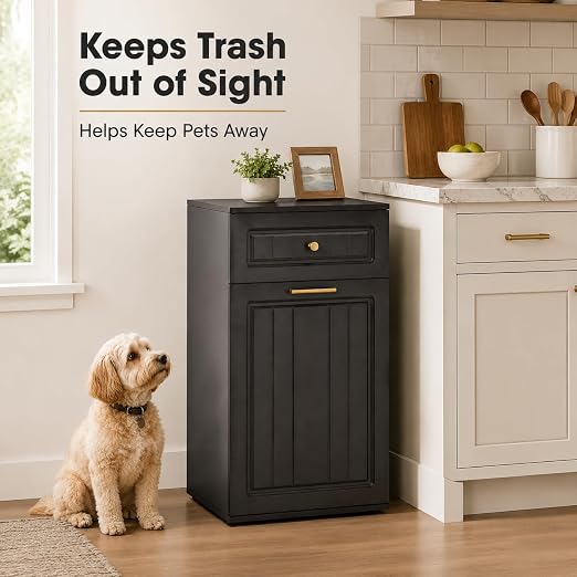 13 Gallon Pull Out Trash Can Cabinet with Drawer | Hidden Wooden Garbage Cabinet for Kitchen, Freestanding Modern Farmhouse Waste Bin Holder, Black