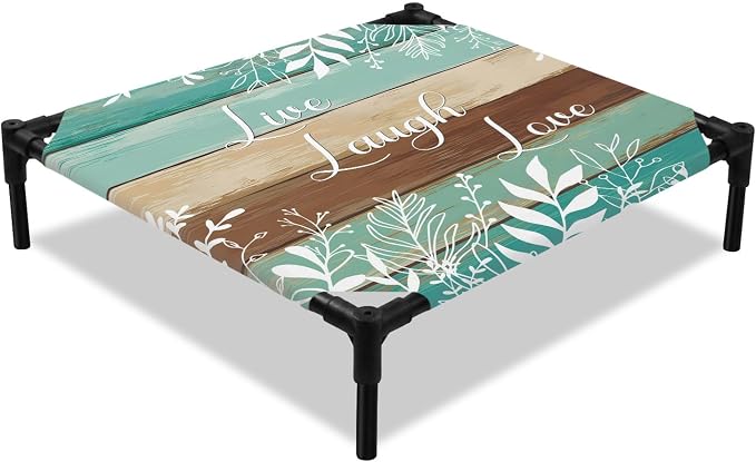 Outdoor Elevated Dog Bed for Small Dogs, Teal Green Brown Botanical Breathable Cooling Raised Dog Cot for Indoor/Outdoor, Farmhouse Wooden Leaves Waterproof Elevated Pet Beds, S 20 x 20 in