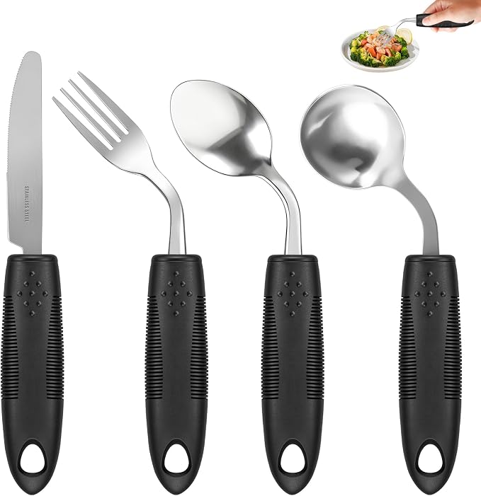2.9oz Weighted Silverware for Hand Tremors, 45°Angled Adaptive Utensils for Elderly，4 Pack Parkinsons Utensils Aids for Weak Hand Grip, Arthritis (Right-Handed)