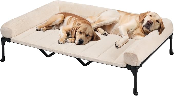 Veehoo Elevated Dog Beds Large Sized Dog with Fluffy Plush Bolster Cushion | Orthopedic Raised Dog Beds for Indoor Outdoor, Soft Pet Sofa Cot with Removable Washable Mat, No-Slip Feet, 59" x 37", White