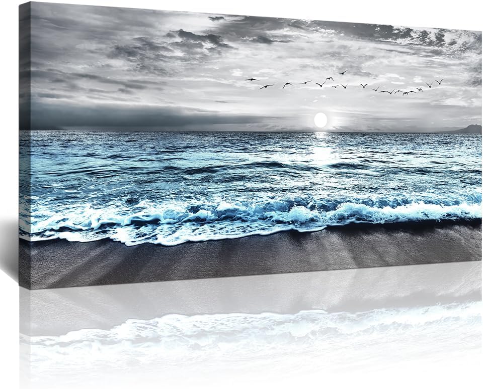 Lapremoly Large Canvas Wall Art For Living Room Wall Decor For Bedroom Office Wall Decorations Black And White Beach Wall Painting Blue Ocean Sea Wave Pictures Stretched and Framed Modern Artwork