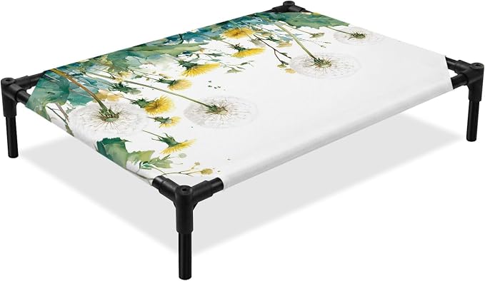 Outdoor Elevated Dog Bed for Medium Dogs, Hanging Dandelions Breathable Cooling Raised Dog Cot for Indoor/Outdoor, Green Leaves Botanical Flower Minimalist Waterproof Elevated Pet Beds, M 24 x 20 in