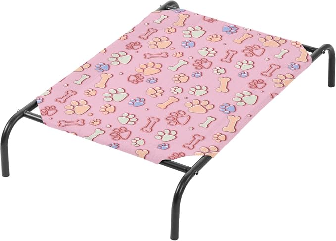 QOOMO Elevated Dog Bed with Cooling Fabric, Pet Cot for Small and Big Dogs, Indoor and Outdoor Use, Joint Relief, Cute Printed Cushion Included (Pink Paw Prints, 35.43" L*25.59" W*8.27" Th)