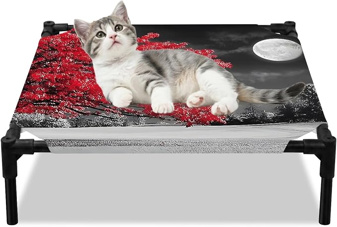 Outdoor Elevated Dog Bed for Small Dogs, Vibrant Red Tree Breathable Cooling Raised Dog Cot for Indoor/Outdoor, Glowing Moon Black Sky Waterproof Elevated Pet Beds, S 20 x 20 in