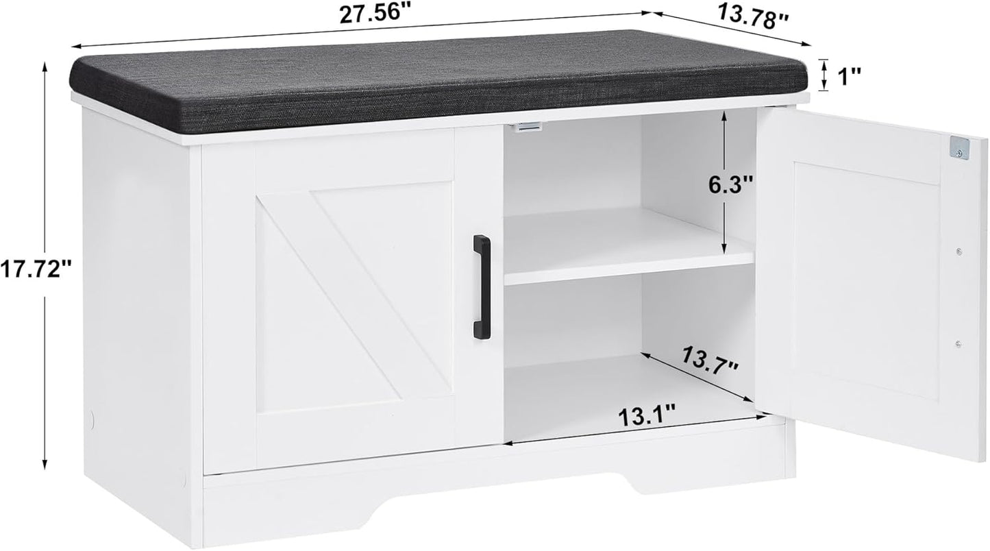 2-Tier Storage Bench, Shoe Bench with Padded Seat Cushion, Entryway Bench with 2 Barn Doors, Adjustable Shelf, 13.8" D x 27.6" W x 17.7" H, for Entryway, Living Room, Bedroom, White