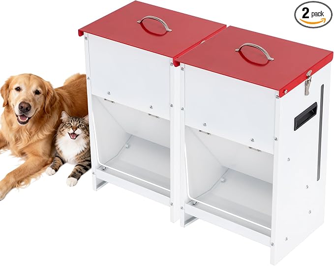 Automatic Dog Feeder, 2 PCS 25LBS Capacity Auto Gravity Dispenser | Powder Coated Dog Feeder, Waterproof for Indoor & Outdoor Use, 12.3"L x 10.5"W x 21.3"H, Red and White