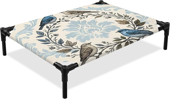Outdoor Elevated Dog Bed for Medium Dogs, Blue Floral Breathable Cooling Raised Dog Cot for Indoor/Outdoor, Rustic Birds Flowers Vintage Branch Garland Waterproof Elevated Pet Beds, M 24 x 20 in