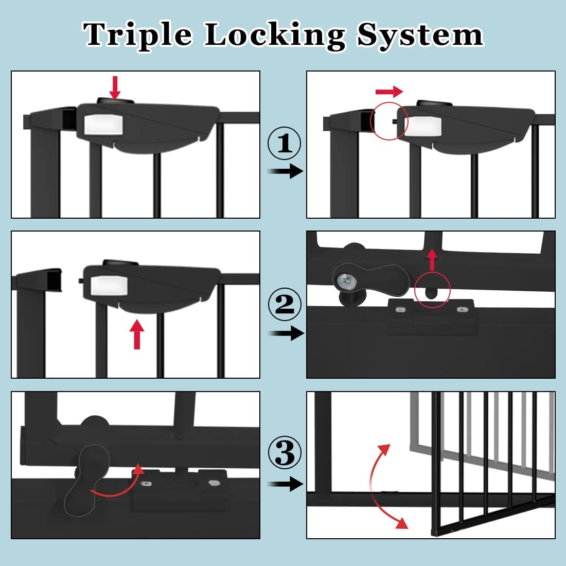 WAOWAO Triple Lock Baby Gate Extra Wide 49.21-53.14" Pressure Mounted Walk Through Swing Auto Close Safety Black Metal Dog Pet Puppy for Stairs,Doorways,Kitchen