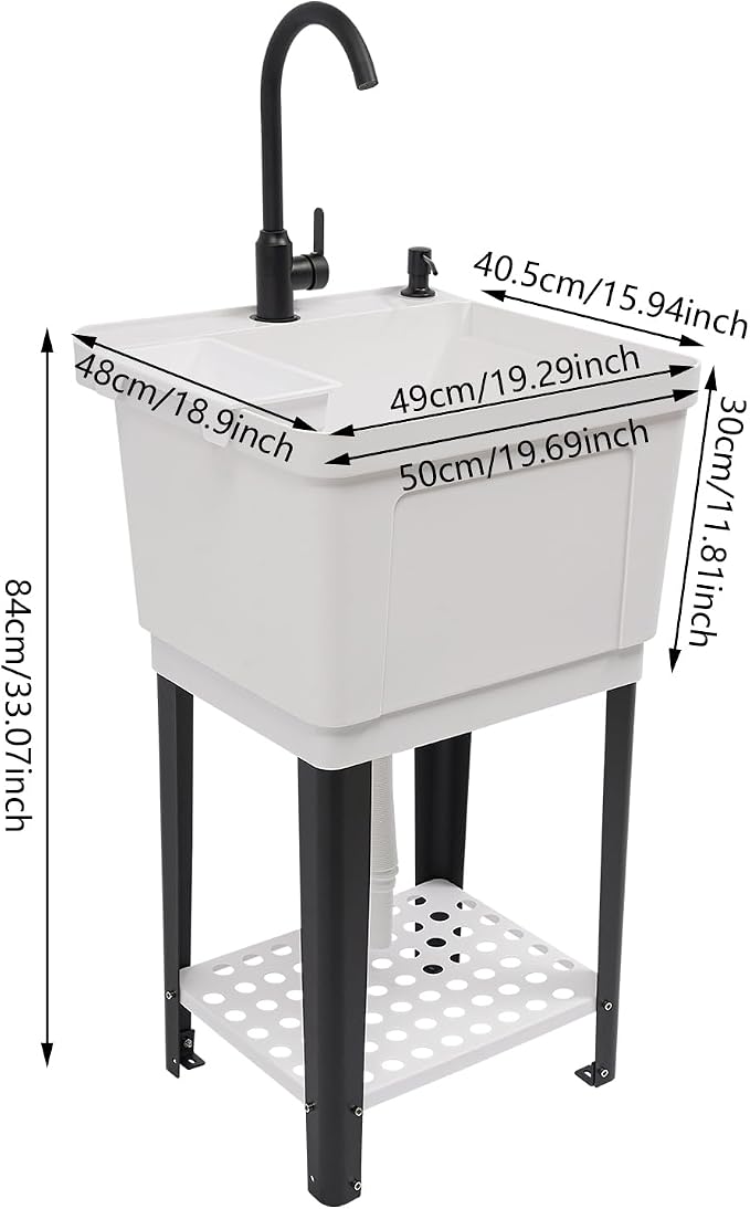 Tall Freestanding Plastic Utility Sink with Hose Hook Up White | 360° Rotating Hot and Cold Faucet, Built-in Soap Box and Soap Dispenser, Bottom Storage Rack, Four Iron Support Feet