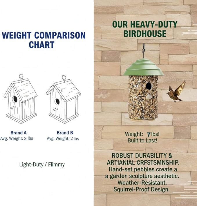 CEDAR ALPHA Pebble Stone Bird House for Outside Clearance, HDPE Roof Bird House for Outdoor, Heavy Duty Stone, Hanging Birdhouse for Outside, Wren House 10 Year Lasting (Green)