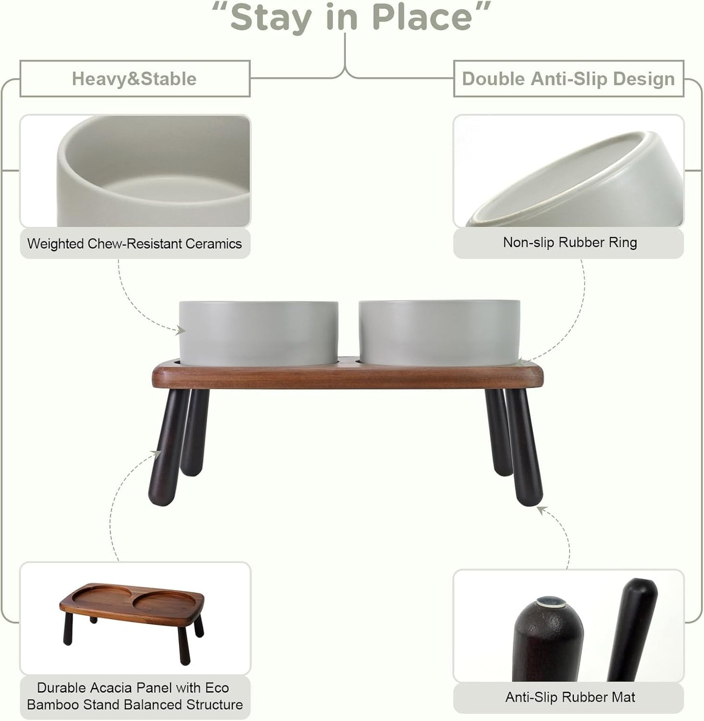 SPUNKYJUNKY Ceramic Elevated Dog Bowls Raised with Acacia Bamboo Wooden Stand, 6.1'' Dog and Cat Food Water Bowls Set Non-Slip for Small Medium Sized Breed Microwave Dishwasher Safe - 28.7 OZ,Grey