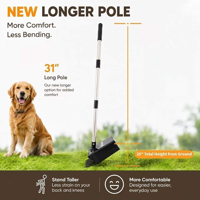 Neater Pet Brands Lift N’ Bag 2.0 Dog Pooper Scooper with Bag Attachment & 31" Pole for Small to Large Dogs, New Longer Pole, 195 Refill Bags, Heavy Duty Dog Poop Scooper for Yard, One-Hand Use